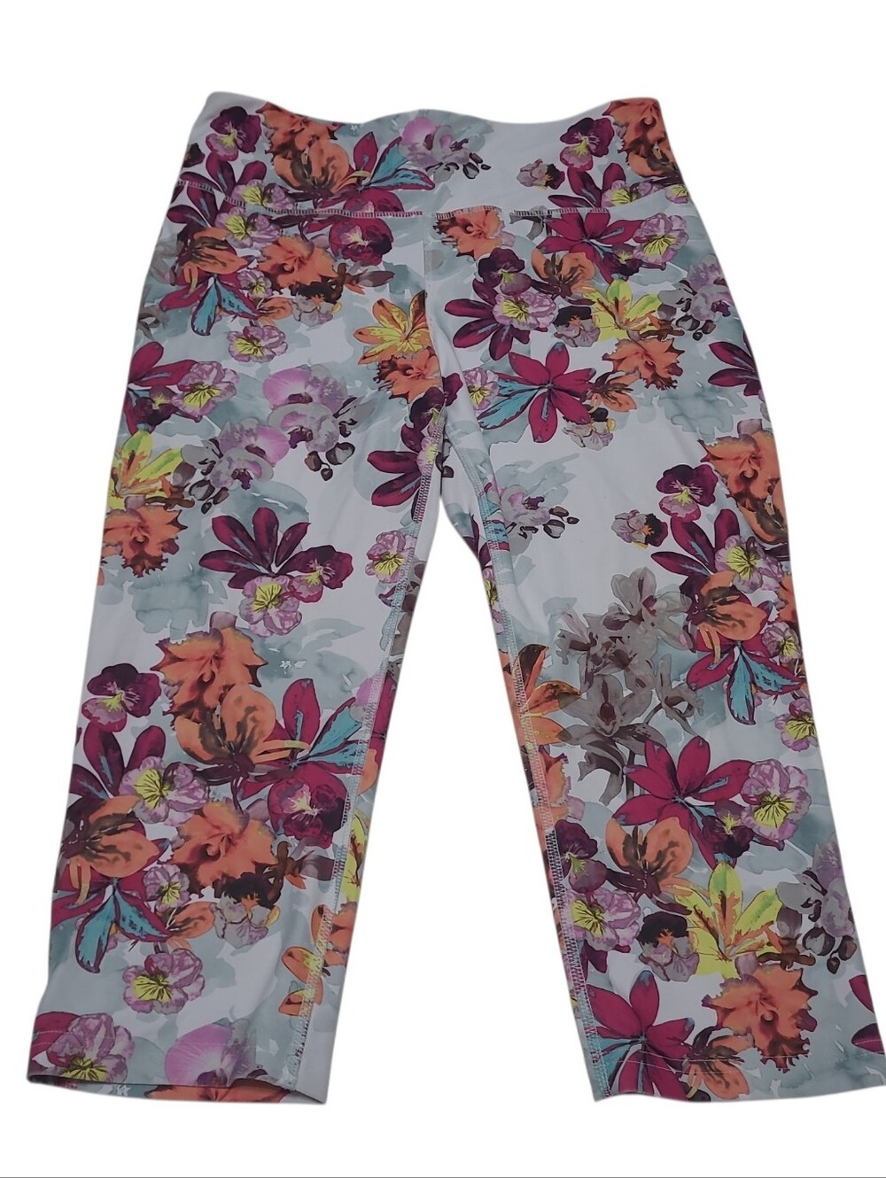 ⭐️ NWOT Athletic Works Dri-More®Tech White/ Pink/Orange Floral Capris Sz Large
